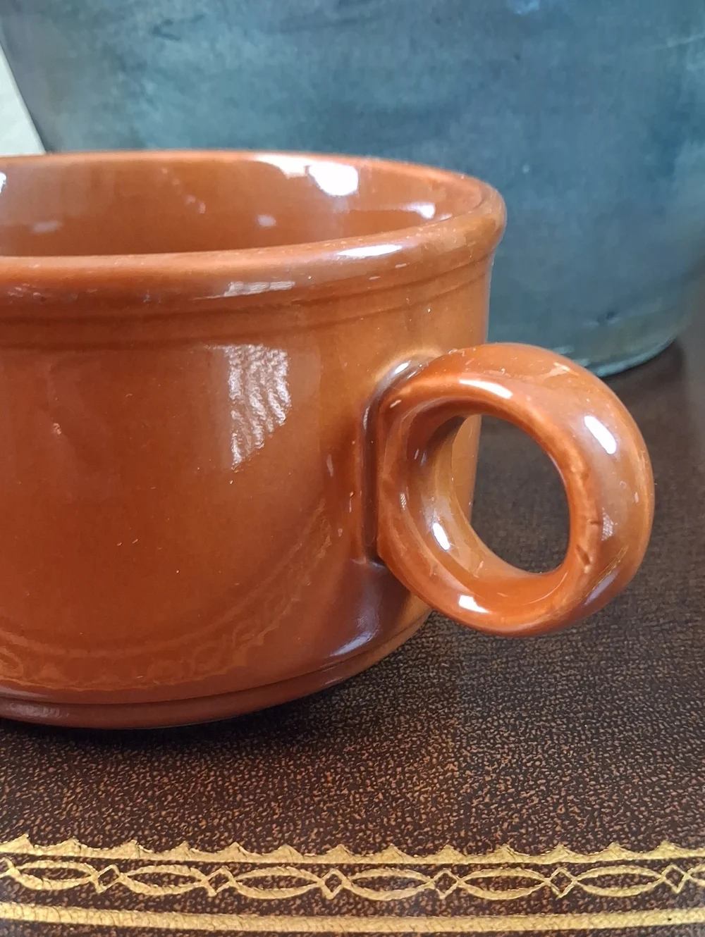 VTG. 70s English Brown Ceramic Soup Mug O- Ring Handle